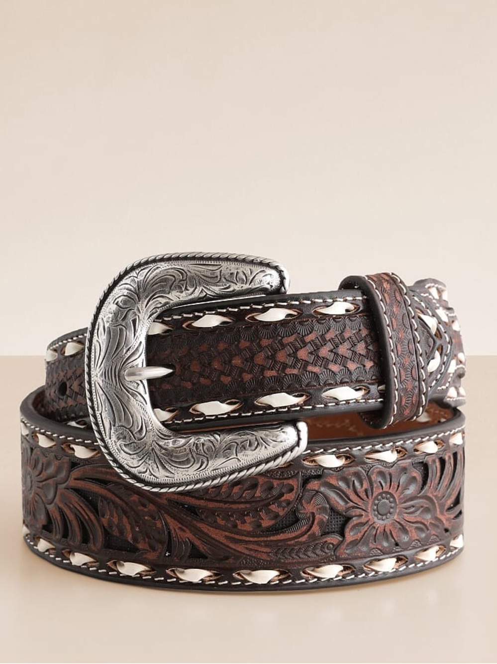 New Men's Ariat Tooled Leather Western Belt with changeable Silver Buckle